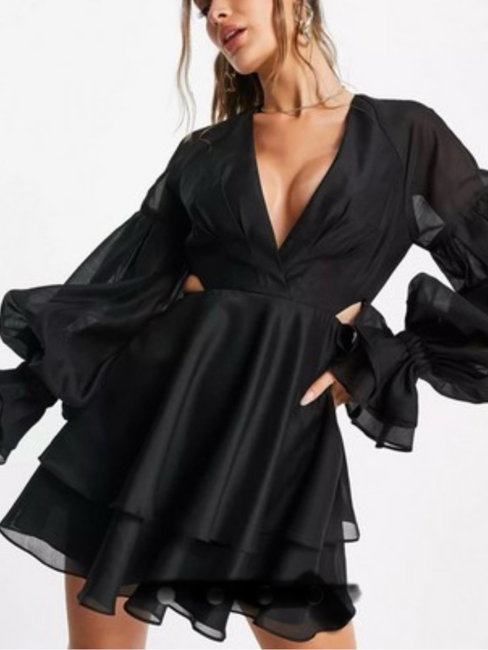 ASOS Elegant Black V-Neck Ruffled Mini Dress Size US 6